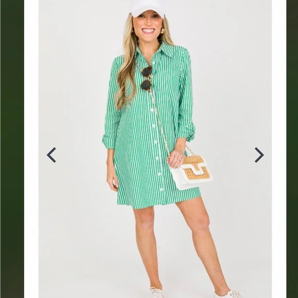 Striped Green Button-Front Shirt Dress - Casual Women’s Dress - Picture 2 of 8